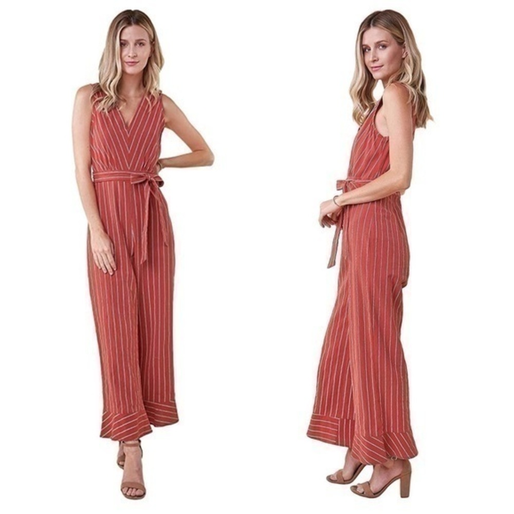 Sugarlips rust red stripe belted v-neck ruffle hem jumpsuit HH6